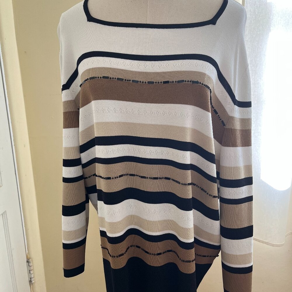 Alfred Dunner  Striped Long Sleeve - Browns/White/Black  XL